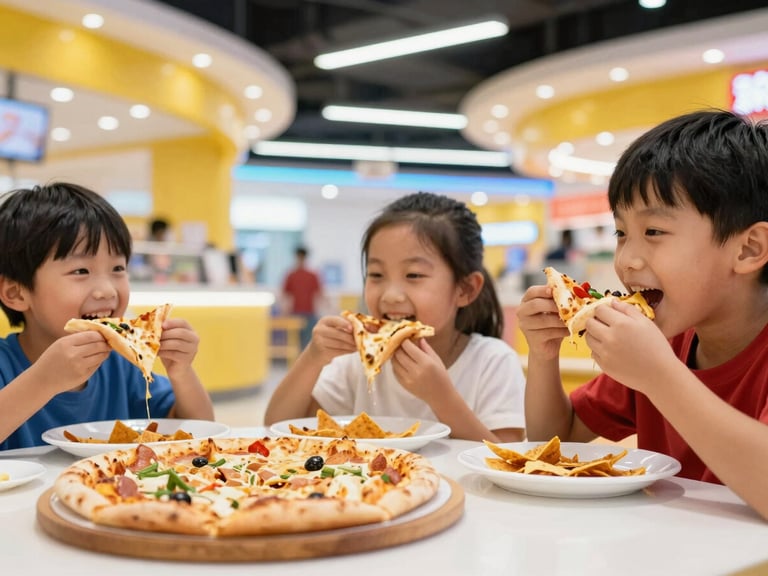 Close-up of happy kids eating pizza and snacks at a table in a vibrant food court area, bright indoor lighting