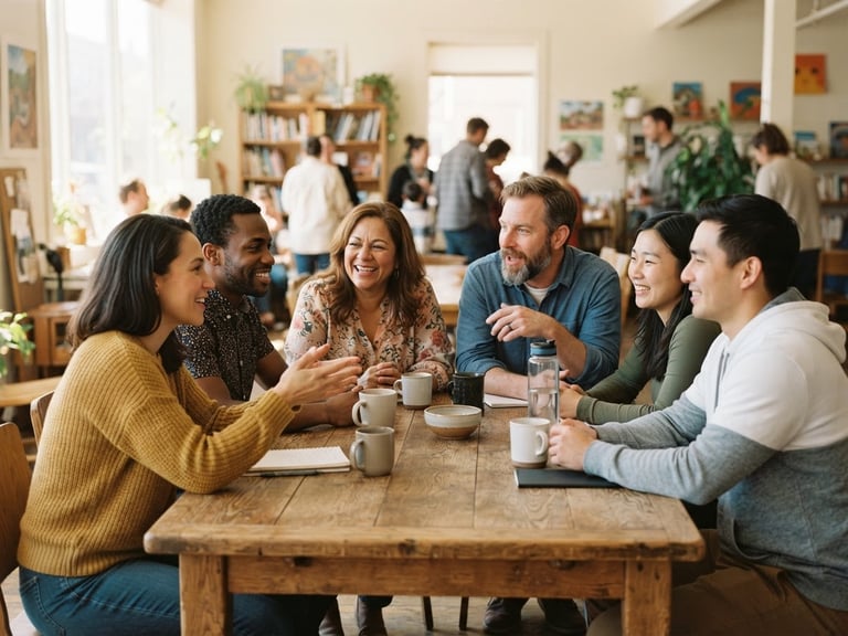 A group of adult caregivers and peer families chatting warmly around a wooden table in a bright, sunlit community room, soft natural window light, medium shot, authentic.