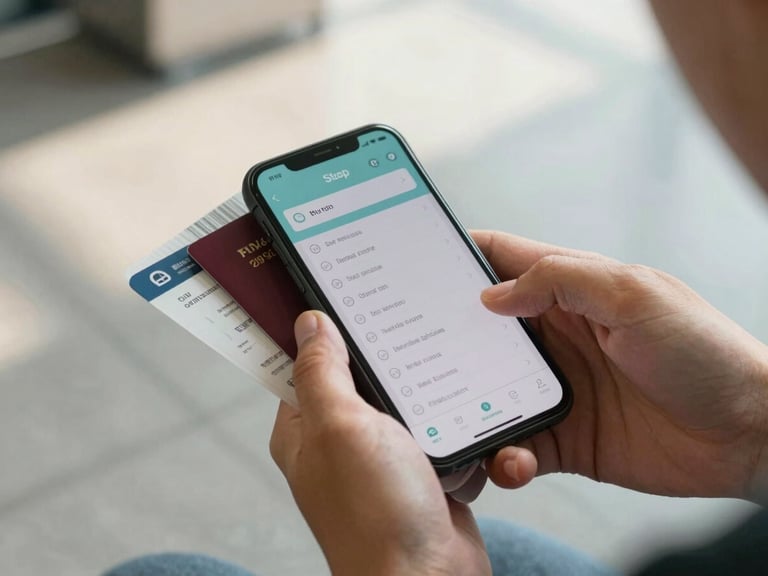 Overhead shot of a traveler's hands at a departure gate, phone screen showing a step-by-step app setup checklist, boarding pass and passport visible at the edge of frame, clean airport floor under early morning light