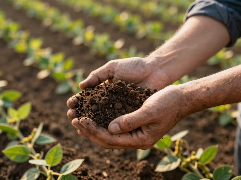 Close-up of rich dark soil being held by hands of an agronomist, green soybean plants blurred in the background, warm natural morning light, 35mm