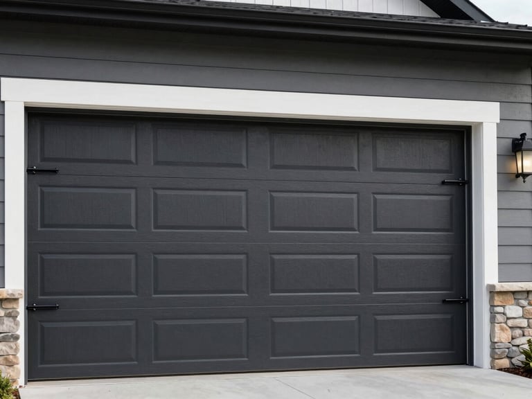 Residential garage door partially off its track, showing the wheel dislodged from the rail. Clean, high-contrast lighting, modern American home.
