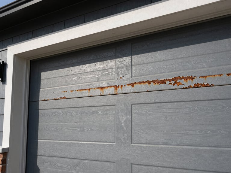 Close-up of a worn residential garage door roller, showing rust or damage. Overhead garage lighting, sharp details.