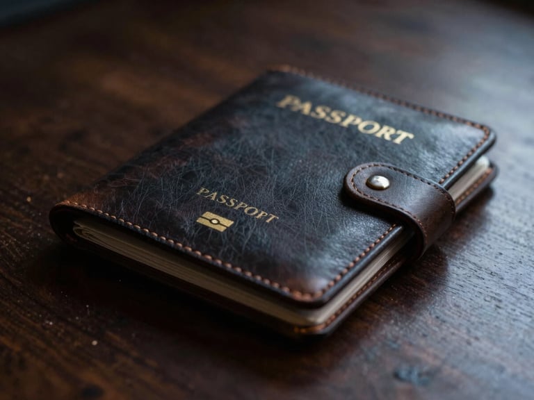 Close-up of a vintage leather travel document wallet, a passport visible, on a dark polished wood surface, moody lighting, soft glow.