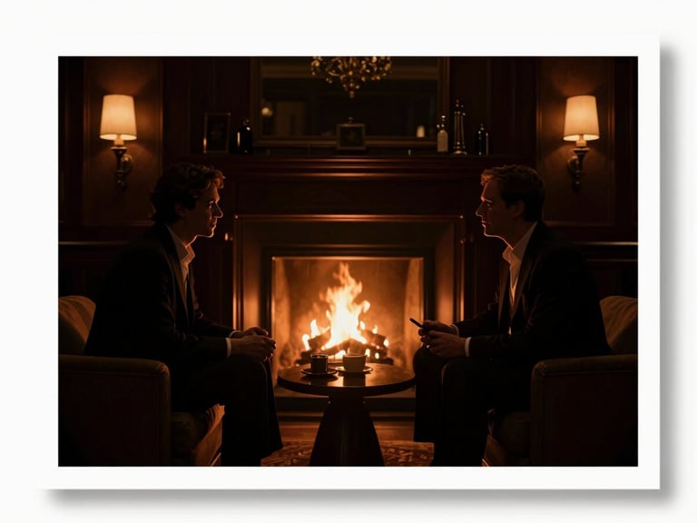 Two executive silhouettes in a dimly lit, high-end private lounge, engaged in conversation, warm amber lighting from a fireplace, cinematic wide-angle.
