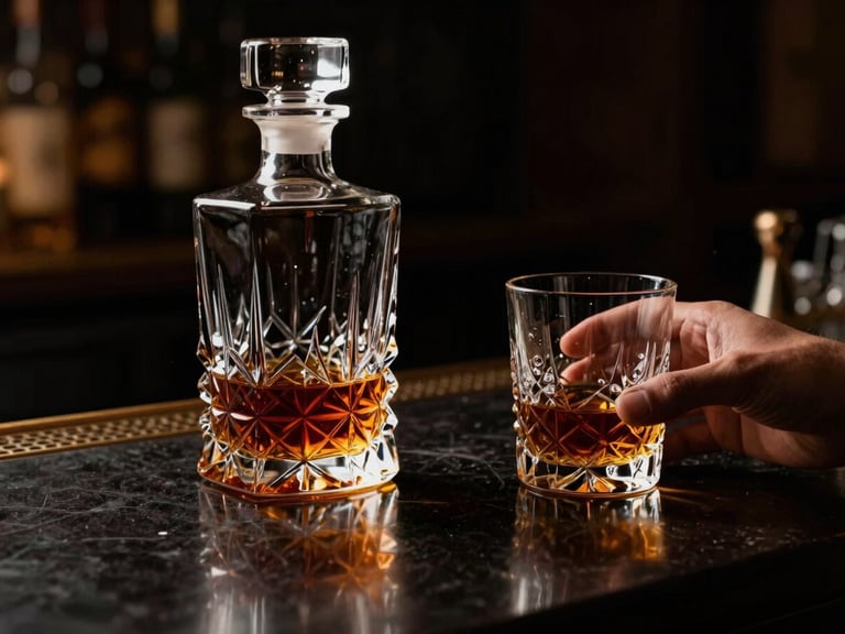 Close-up of a crystal decanter with amber liquid, a hand holding a cut glass, on a dark, reflective bar counter, low-key lighting.