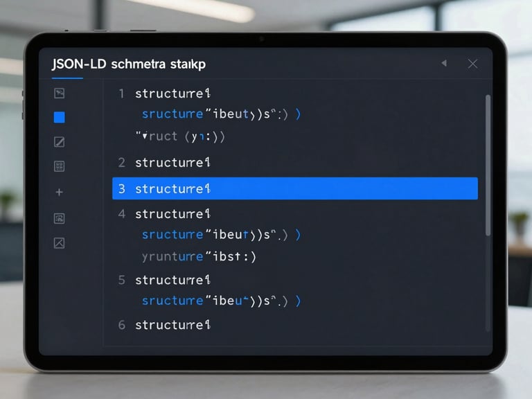 Clean UI mockup of a JSON-LD schema markup generator screen, showing nested structured code, electric blue accents, dark slate background