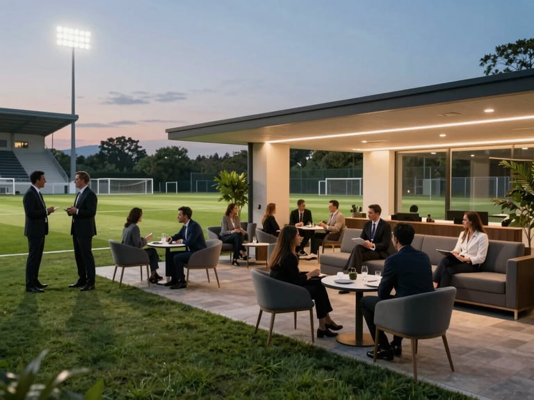 Bespoke outdoor corporate VIP lounge setup next to a football turf, professional networking under soft evening lights, high-end hospitality feel.