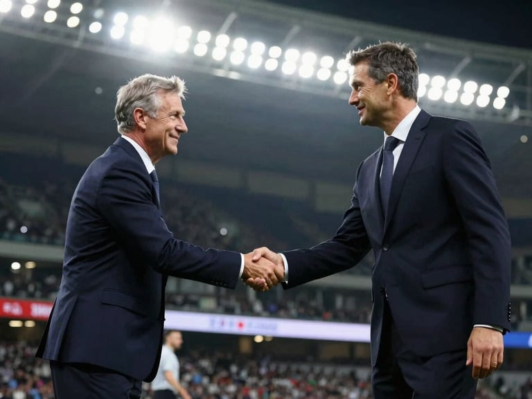 Two corporate team captains shaking hands on the pitch under stadium lights, representing professional-grade sportsmanship, high contrast.