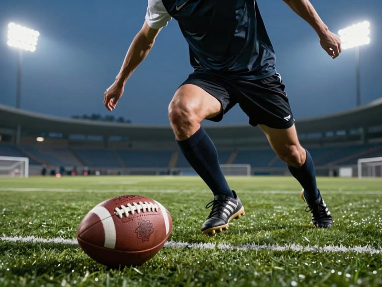 Dynamic close-up of a corporate athlete in motion controlling a football on premium green turf, dramatic evening floodlights, sharp athletic tones.