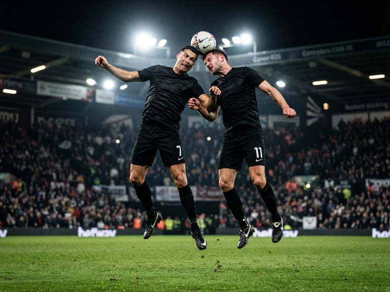 Low-angle action shot of corporate players in matching black kits contesting a header under intense evening stadium floodlights, sharp freeze-frame, 70-200mm lens.