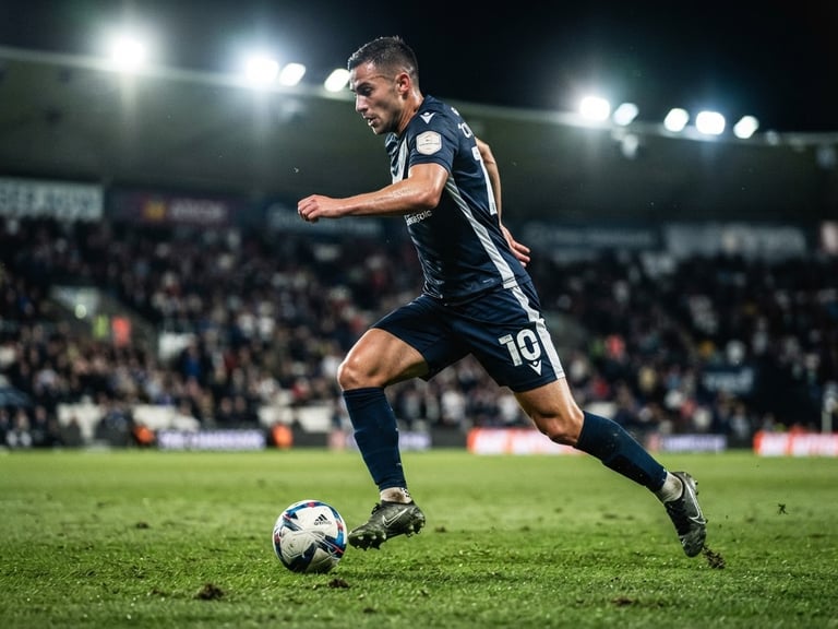 Low-angle dynamic action shot of corporate players in matching kits under dramatic evening stadium floodlights, sharp action freeze-frame, 70-200mm lens.