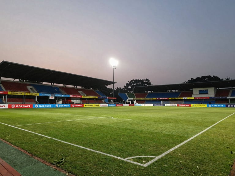 Wide environmental shot of a premium floodlit football turf in Kolkata, featuring high-visibility brand banners along the touchline, dramatic evening lighting.
