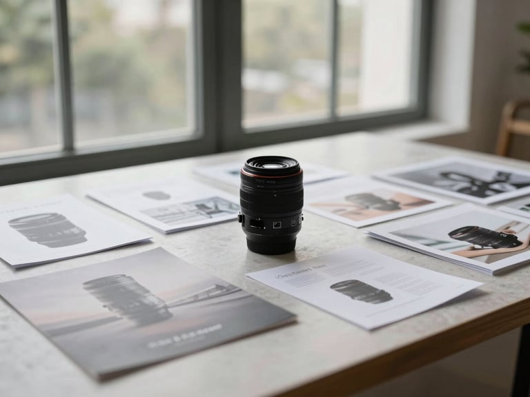 Wide in-situ photograph of finished brand photography deployed in context — a product displayed on a lifestyle surface with supporting printed collateral arranged beside it, daylight from a large window, depth of field drawing focus to the product