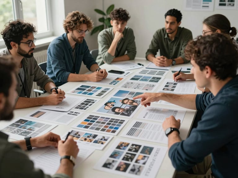 Wide environmental shot of a brand strategy session — a team gathered around a table covered with printed mood boards and content grids, natural window light from the left, one person pointing at a pinned reference image, authentic working atmosphere