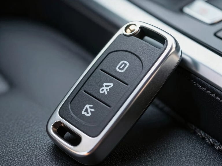 Close-up of a new car key being programmed, digital display, focused on the key's metallic details, high-contrast workshop lighting, 35mm