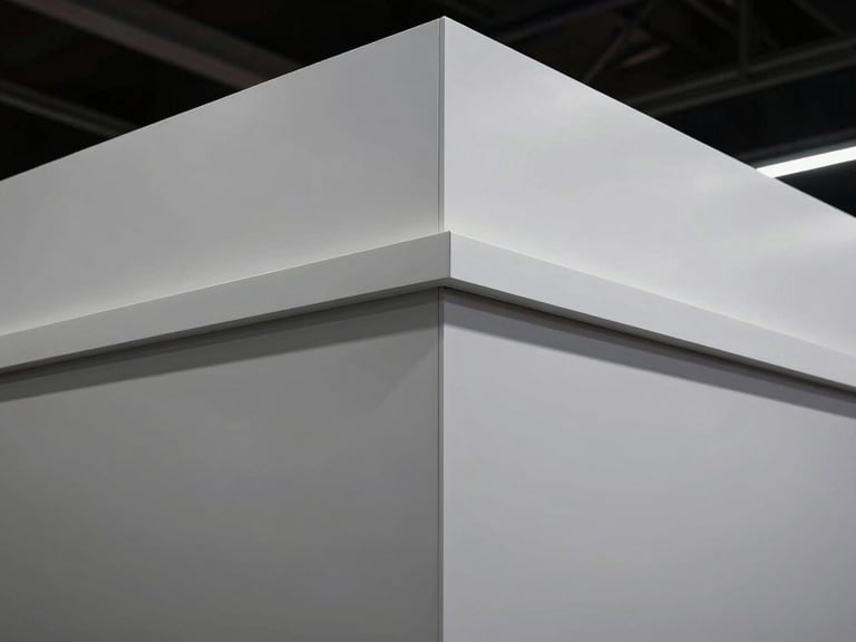 Close-up architectural detail of a seamless joint in a custom exhibition stand panel, high-quality matte finish, clean structural lines, dramatic lighting, industrial aesthetic.