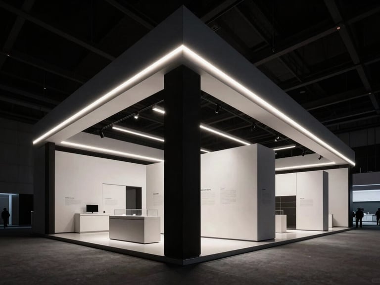 Dramatic architectural photograph of integrated LED strip lighting within an exhibition stand structure, creating high-contrast shadows and highlighting key display areas, clean modern aesthetic.