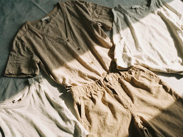 Flat-lay of a curated weekend outfit with breathable fabrics, soft shadows, warm diffused natural daylight, muted earth tones, 35mm film aesthetic