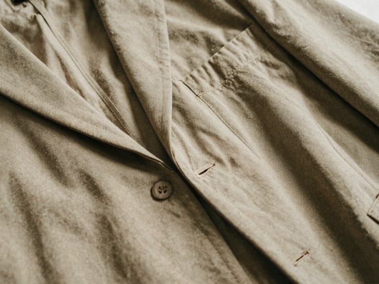 Close-up of fabric weave and stitching on a relaxed tailored jacket, warm diffused natural daylight, soft shadows, macro detail shot, muted earth tones, 35mm film aesthetic