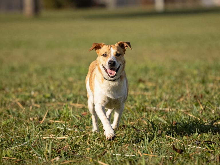 A healthy energetic dog running in a grassy park, bright natural afternoon light, clear focus on the dog's joyful expression