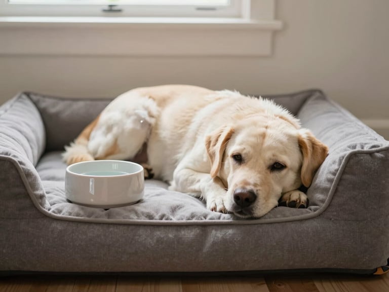 A cozy living room corner with a soft dog bed, a ceramic water bowl, and a dog happily resting its head, soft daylight