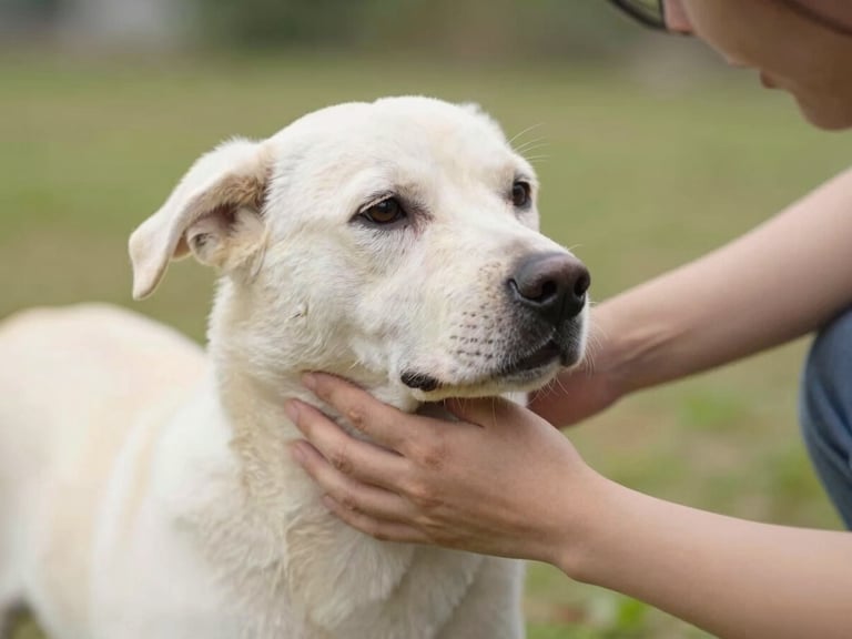 A person gently placing a hand on a dog's chest, showing a moment of trust and mutual respect, soft outdoor lighting