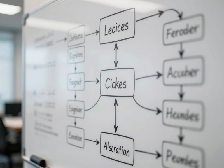 Macro close-up of a physical whiteboard covered in complex system architecture diagrams and multi-touch attribution paths, cool-toned office light.