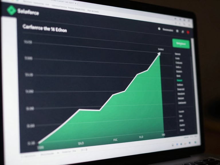 A crisp screenshot of a Salesforce dashboard showing a clean, upward-trending pipeline chart, high-contrast dark mode interface, green accents.