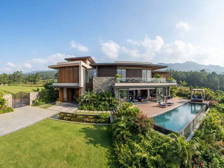 A wide panoramic view of a modern premium Indian villa during bright daylight, clean architectural lines, negative space on the left