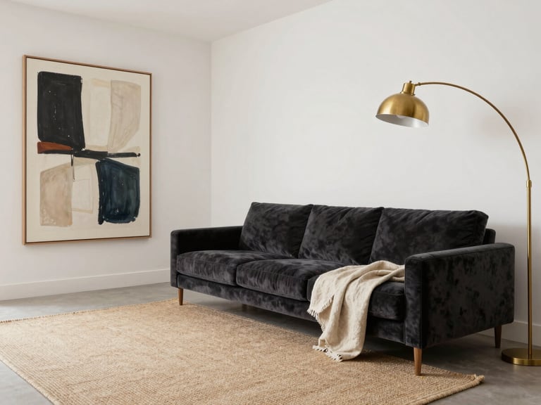 Wide environmental shot of a complete living room, right-bleed composition, deep charcoal velvet sofa with a natural flax-linen throw, a large-format abstract artwork on the wall, a brushed brass arc floor lamp, flat-weave rug in oat tones, bright even studio-quality daylight, full spatial arrangement visible, material detail clear, no clutter