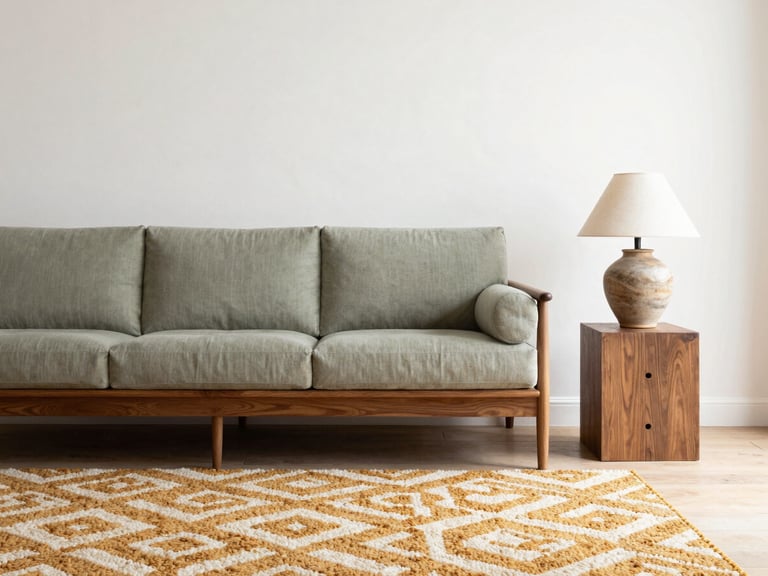 Wide editorial shot of a living room scheme called Dusk & Grain, left-bleed composition, a warm walnut-framed sofa in dusty sage fabric, a hand-tufted geometric rug in ochre and cream, a ceramic table lamp on a solid oak side table, plaster-finished wall in warm white, north-facing daylight, honest material quality visible, clear sightlines showing furniture scale and spatial relationship