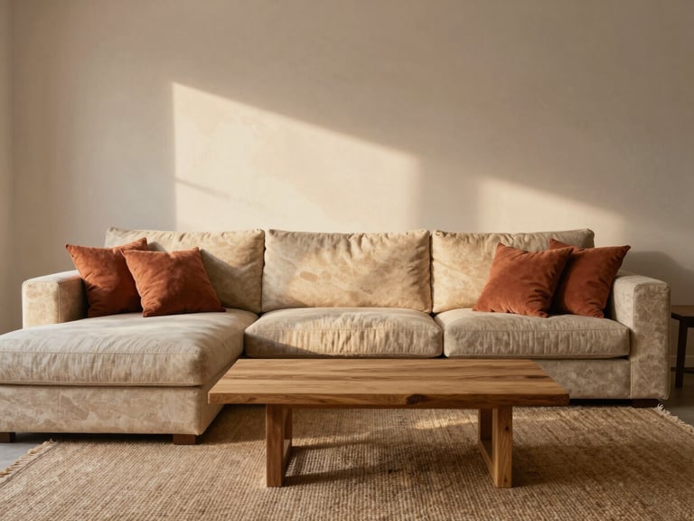 Wide establishing shot of a living room scheme called Chalk & Ember, left-bleed composition, a warm stone-coloured modular sofa with terracotta cushion accents, a low oak coffee table, a jute rug beneath, late afternoon light raking across the wall revealing texture in the plaster, full furniture arrangement visible with clear sightlines, lived-in detail without clutter