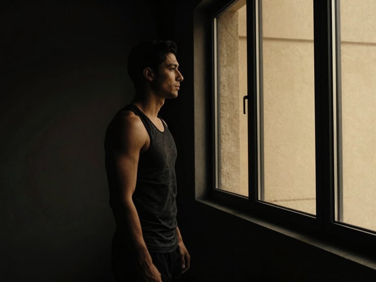A man in deep thought, looking out a window in a minimalist, architectural space, post-workout reflection, dramatic low-key lighting, deep shadows, warm golden highlights, cinematic 35mm film, black and gold tones.