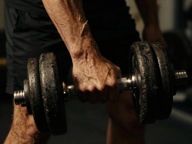 Close-up of a muscular man's hand gripping a heavy dumbbell, dramatic low-key lighting, deep shadows, warm golden highlights, cinematic 35mm film