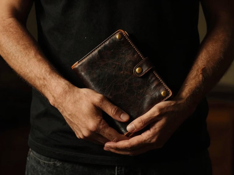 Close-up of a man's hands holding a leather-bound journal, strong, confident posture, dramatic low-key lighting, deep shadows, warm golden highlights, cinematic 35mm film, black and gold tones.