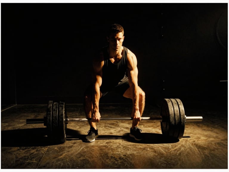 A man in a minimalist gym, focused on a heavy barbell, dramatic low-key lighting, deep shadows, warm golden highlights, cinematic 35mm film, black and gold tones.
