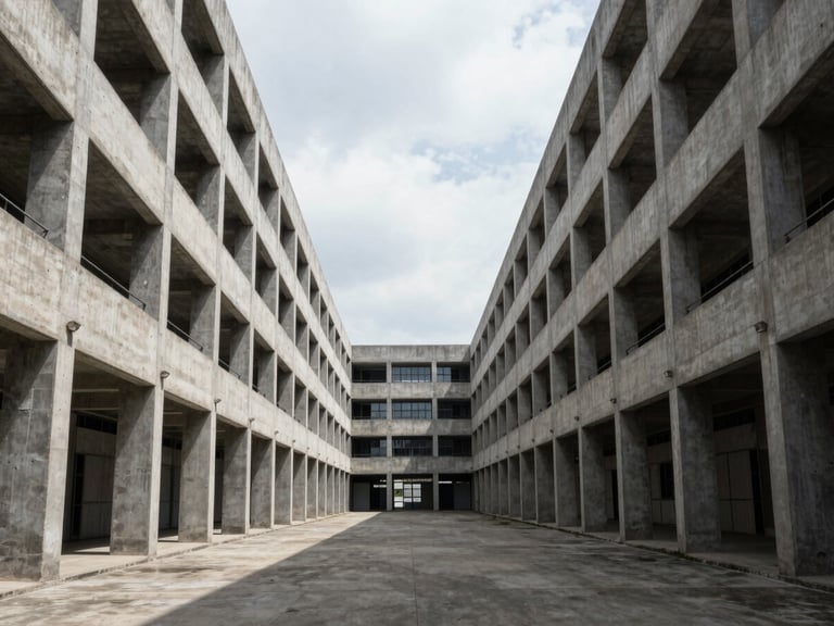 Symmetrical architectural perspective of a brutalist concrete data center facility under stark, high-contrast overcast daylight, dramatic shadows, clean lines.