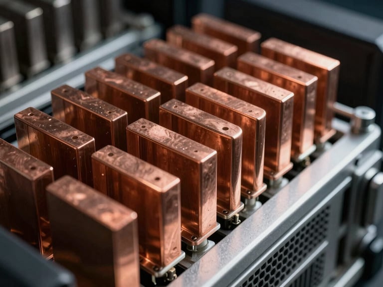 Macro close-up of copper heat sinks and clean rows of server racks, stark high-contrast industrial lighting, dramatic shadows