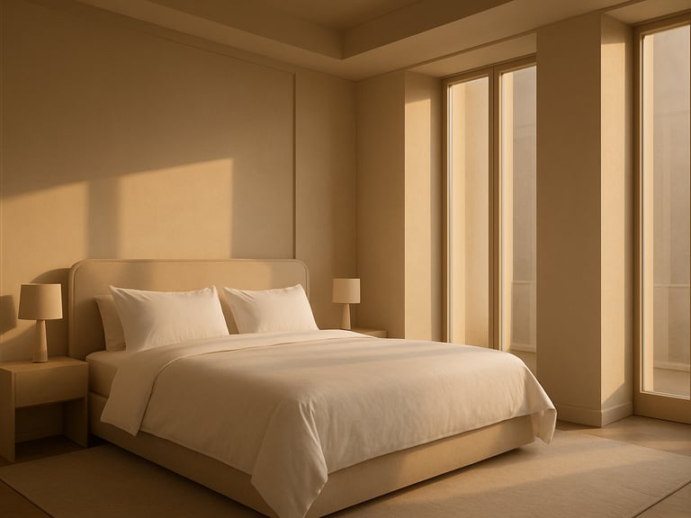 Minimalist luxury bedroom with crisp white linens, soft golden hour light streaming through tall windows, clean geometric architectural lines.