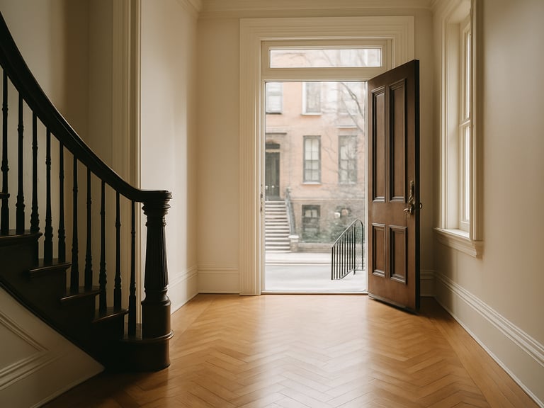 Elegant sunlit entryway of a Boston brownstone, clean lines, pristine herringbone wood floors, soft natural light reflecting off polished surfaces.