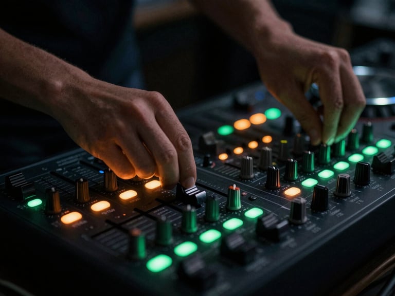 Close-up of a student's hands on a mixing board, adjusting faders and knobs, with glowing LED indicators, moody low-key lighting, shallow depth of field, 35mm