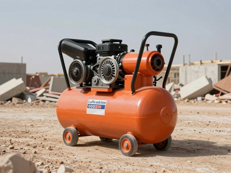 Low-angle shot of a heavy-duty orange air compressor parked on a dusty Saudi construction site, harsh direct daylight, concrete debris in the background, raw industrial power.
