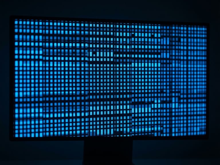 Extreme close-up of a high-contrast digital interface on a sleek monitor, sharp macro focus on glowing electric blue pixels and fine grid lines, dark minimalist workspace, crisp studio lighting, 16:9 aspect.