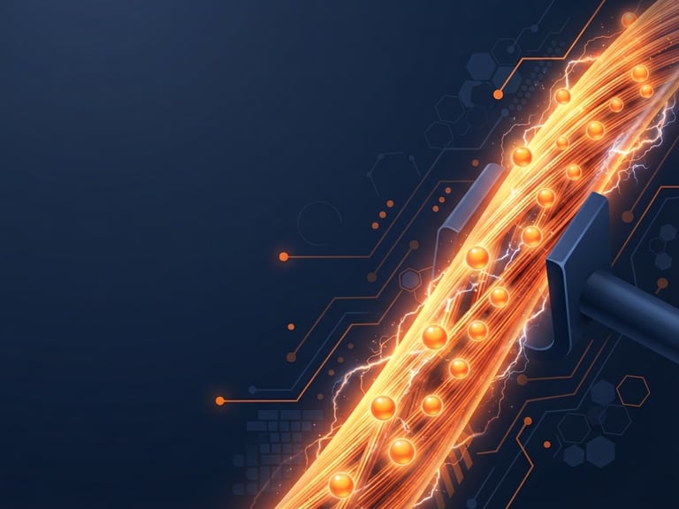 Clean semi-realistic digital illustration of a glowing copper wire showing moving electrons under a soft studio light, vibrant navy and orange accents, modern educational aesthetic, vector details, negative space on the left