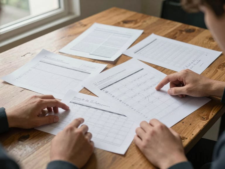 Wide shot of a small agency planning table, overhead angle, printed content calendars and handwritten notes spread across a worn wooden surface, two sets of hands visible pointing at a layout, soft diffused daylight from a side window, no faces shown