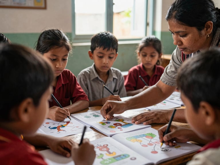 Close-up of a teacher in a rural Nepalese classroom guiding children through illustrated mother-tongue learning materials, natural window light, warm editorial photography, authentic interaction