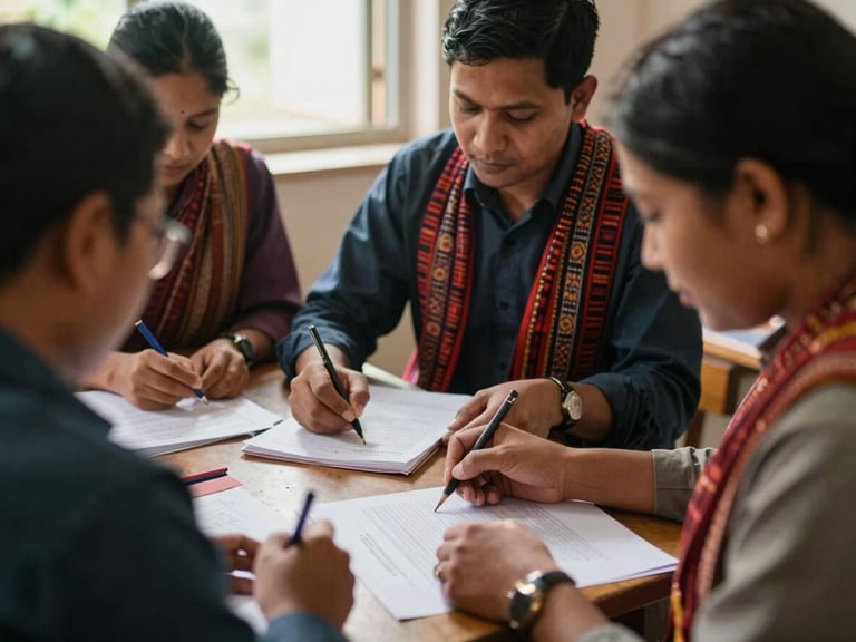 Close-up of Nepalese teachers collaborating on curriculum development, using local materials and traditional patterns, natural light, warm editorial photography.