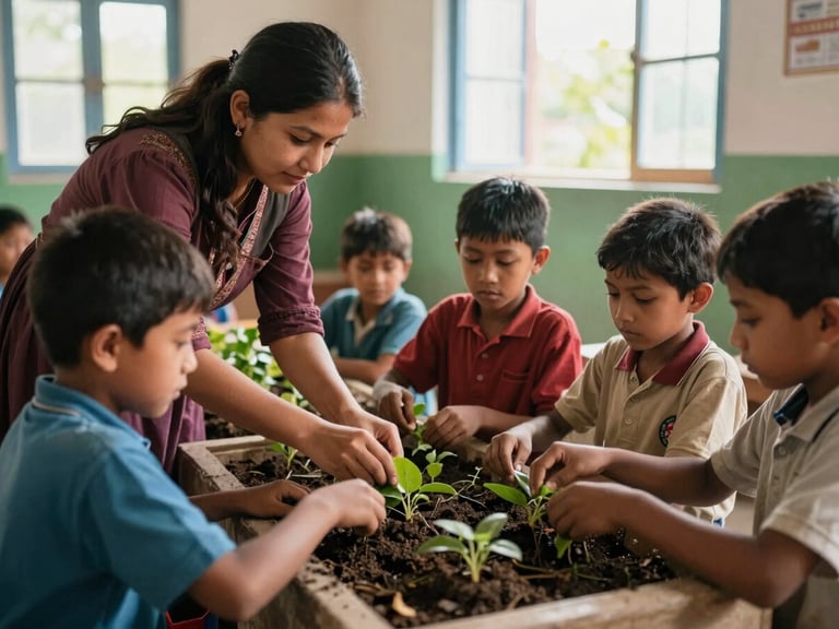 Nepalese children and teachers engaged in a community garden project at their school, learning about sustainable practices, natural daylight, warm editorial photography