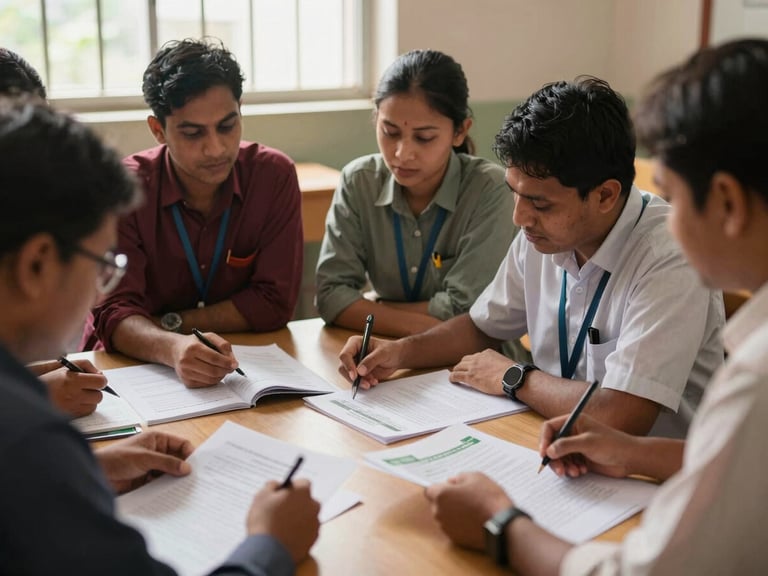 A group of Nepalese municipal education officers collaborating during a workshop, reviewing policy documents and toolkits, natural light, warm editorial photography