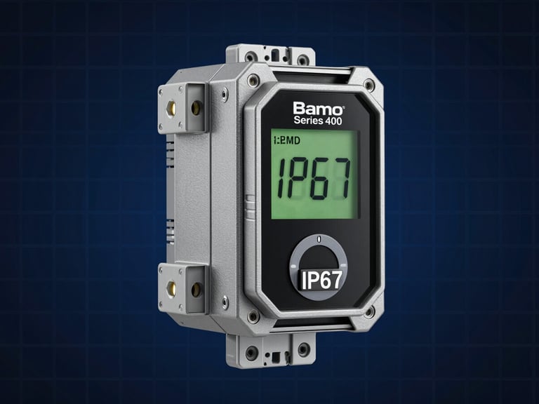Straight-on technical product view of the Bamo Series 400 Streetlight Timer, showing its rugged IP67 enclosure, terminal blocks, and digital LCD interface, set against a dark blueprint grid background.